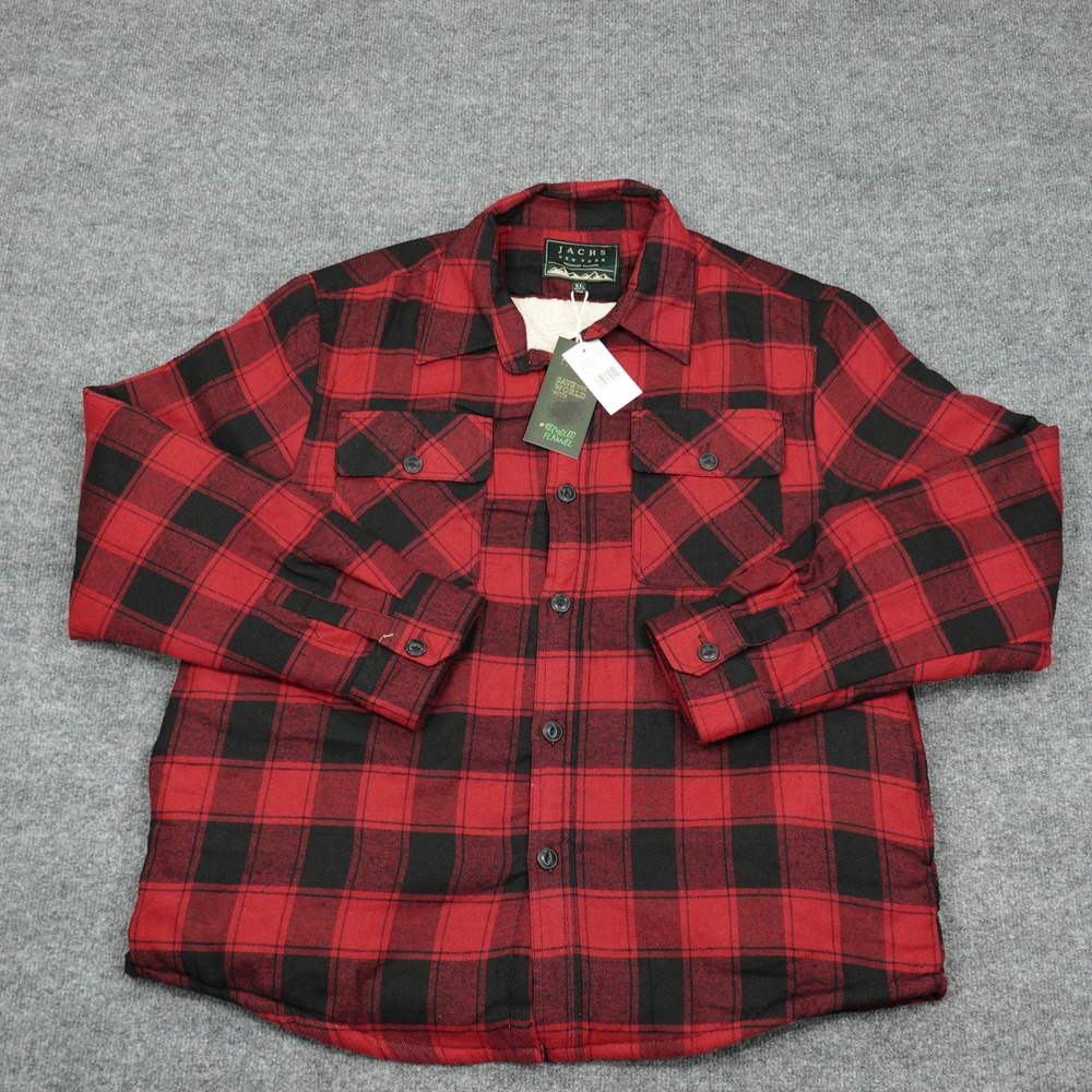Jachs New York Shirt Jacket Men XL Red Black Plaid Sherpa Lined Flannel Shacket